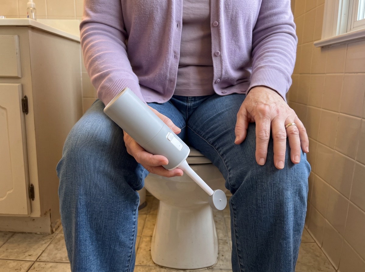 A woman in jeans sitting on a closed toilet lid, holding the bidet in front of her between her knees
