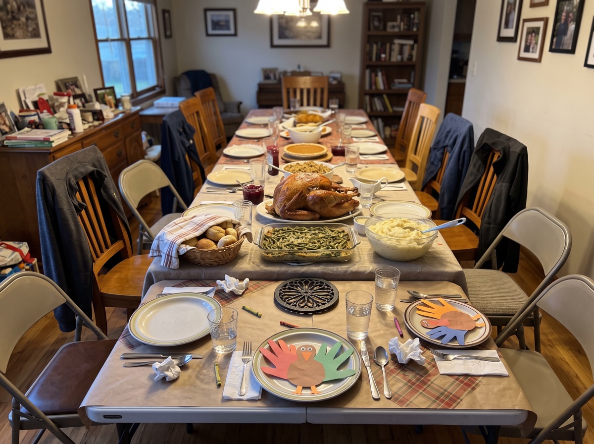 A long Thanksgiving table set for a big family
