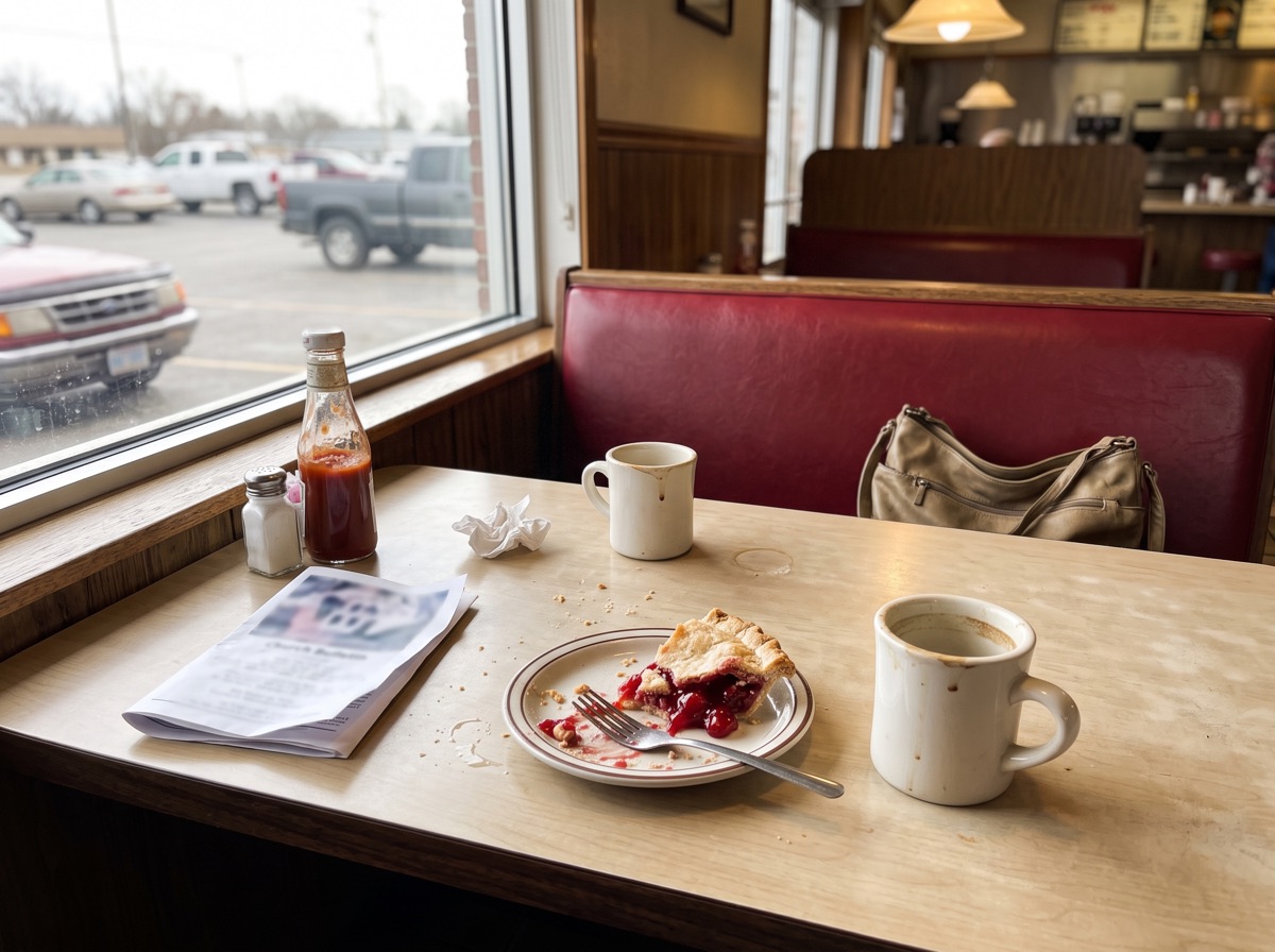Coffee and cherry pie at a diner booth