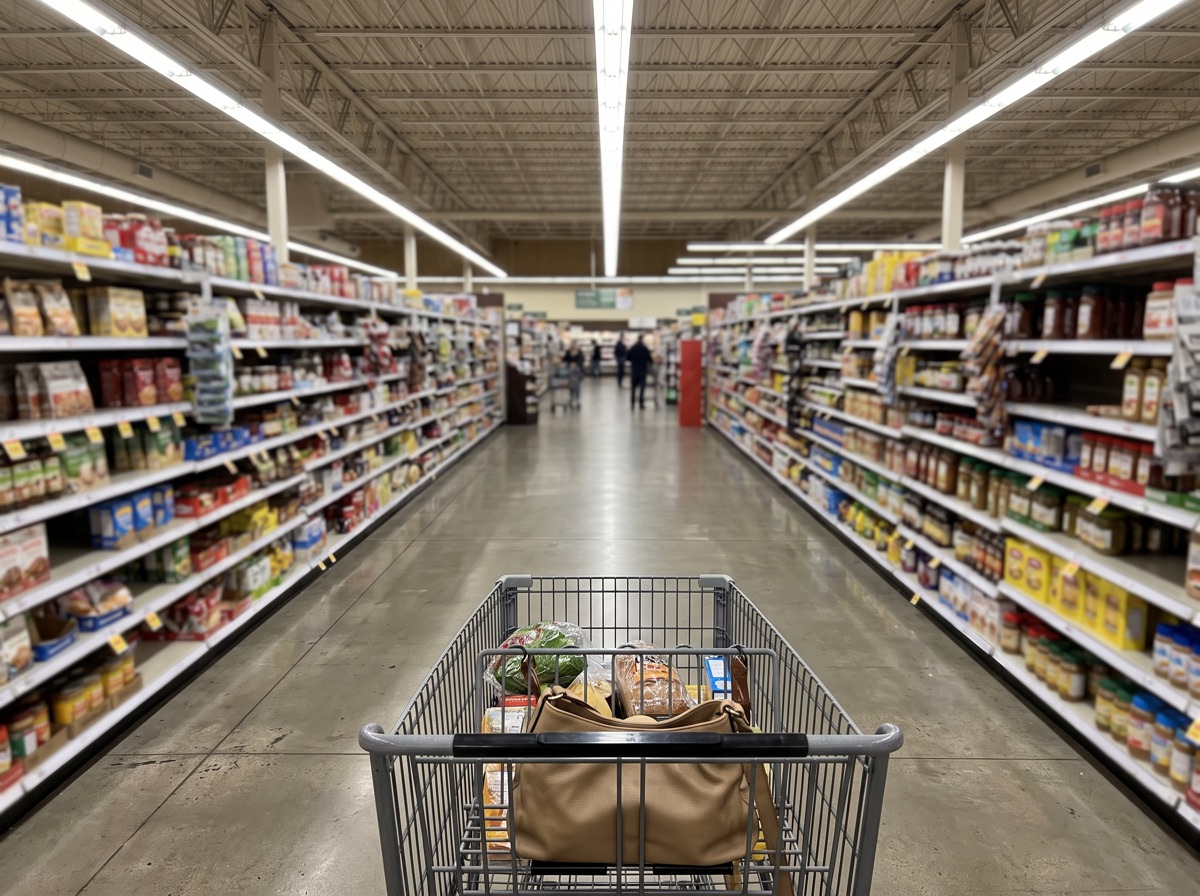 A shopping cart in a long supermarket aisle
