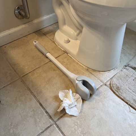 A wiping aid on the bathroom floor, the paper has fallen off
